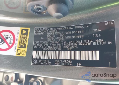 2017 Toyota Highlander Le из США, поврежденный, VIN 5TDBZRFH8HS423871